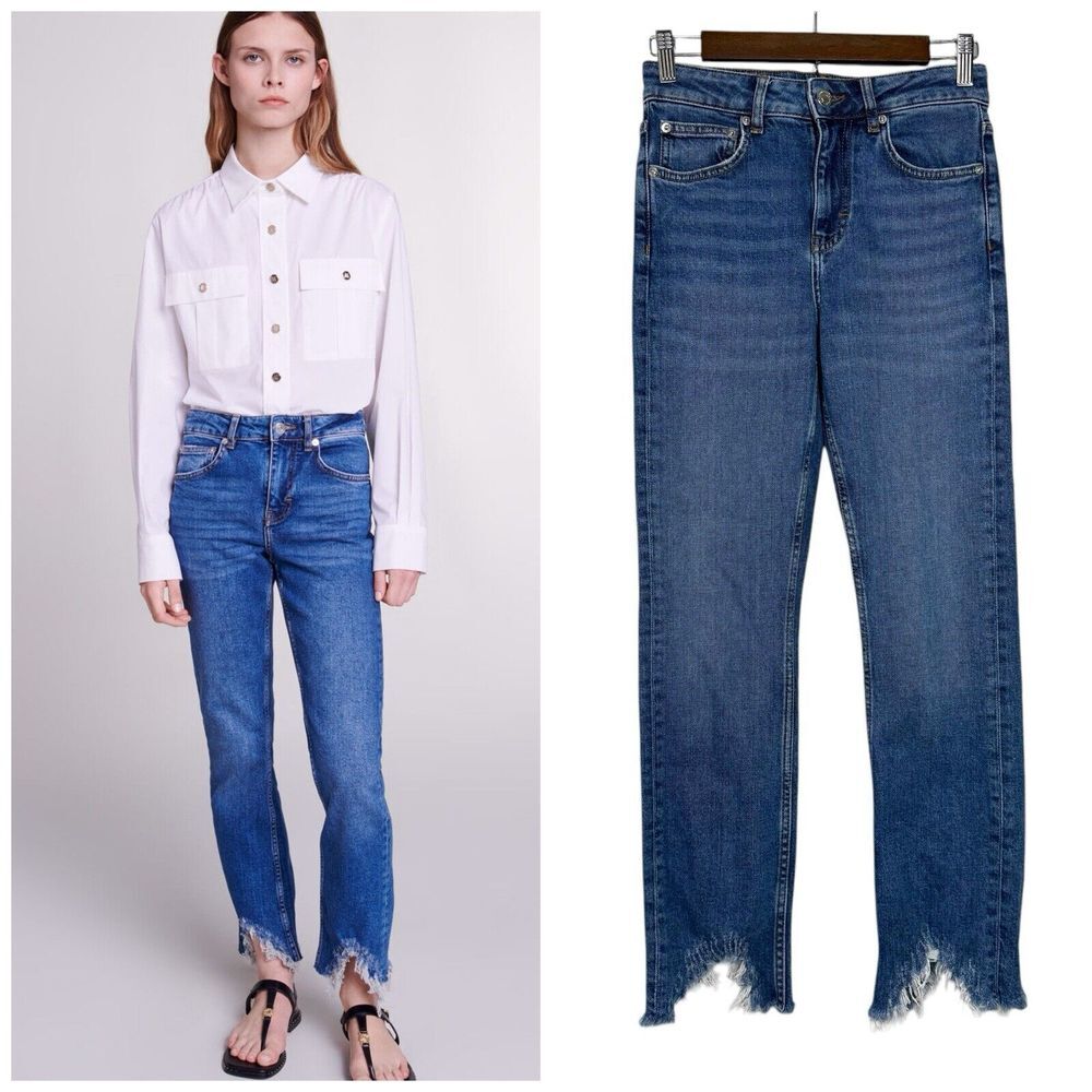 Maje Jeans Eu 36 (27.5) Asymmetrical Distressed Fringe Hem Mid-Rise Cropped $365